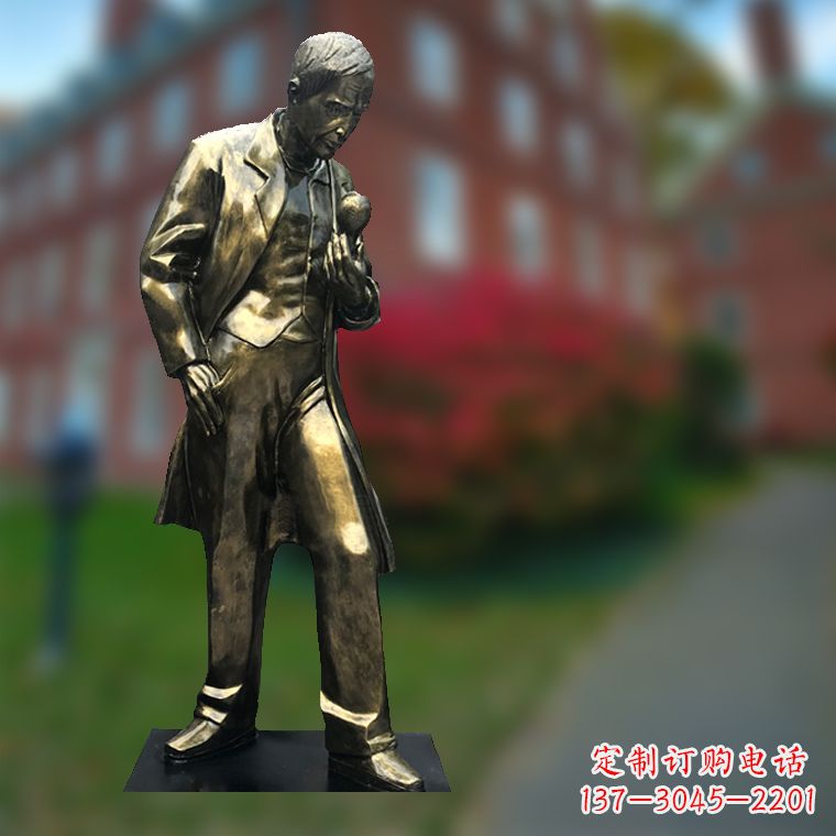 泰安爱迪生与灯泡-玻璃钢仿铜校园名人全身雕塑