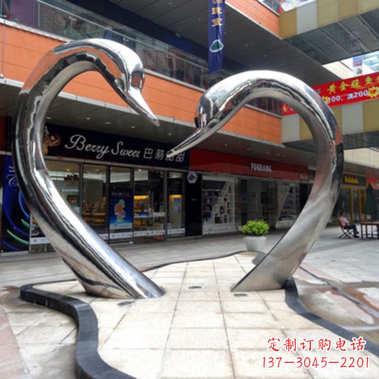 泰安不锈钢爱心天鹅情侣雕塑——抽象动物景观的精美礼赞