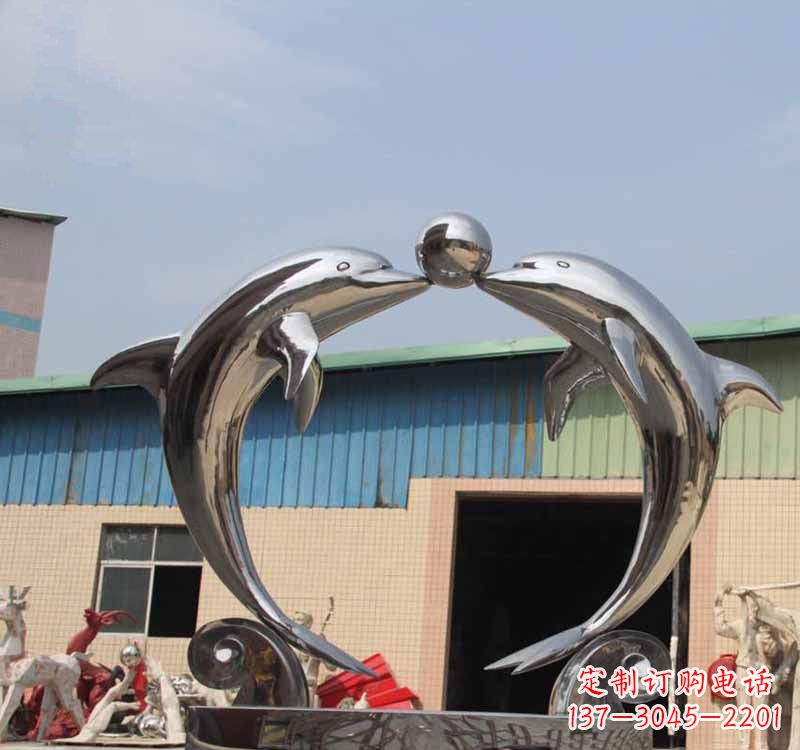 泰安海豚之恋——不锈钢公园镜面海豚顶球雕塑