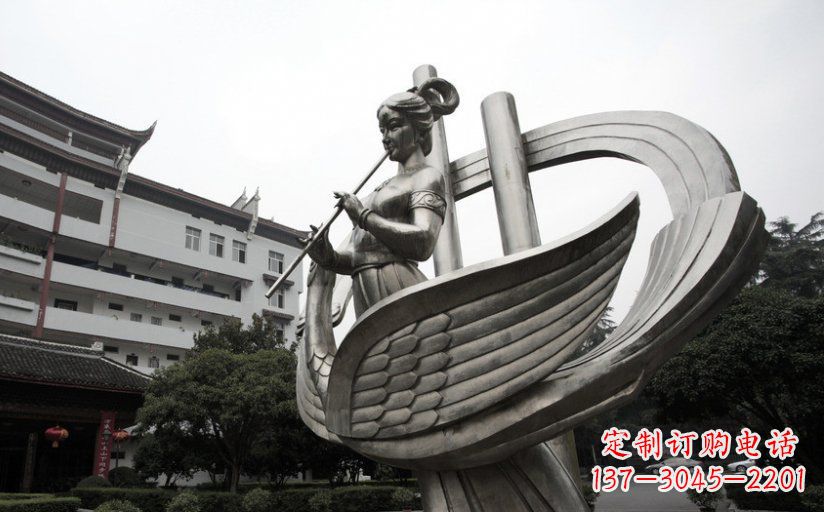 泰安古典美女不锈钢吹笛子雕塑