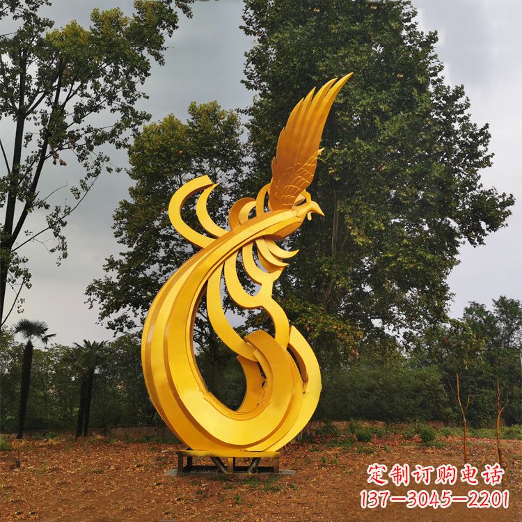泰安不锈钢漆金凤凰雕塑-黄金色园林动物景观雕塑