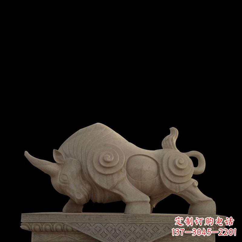 泰安抽象牛砂岩雕塑-生肖动物石雕摆件
