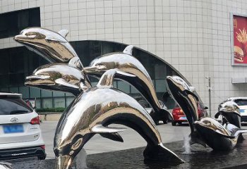 泰安海豚雕塑点亮城市商场的不锈钢镜面水景