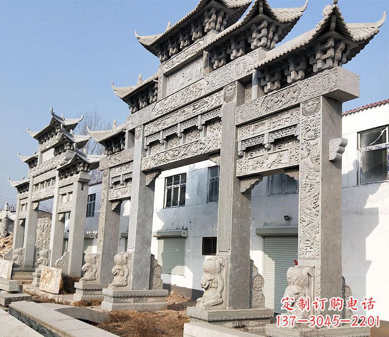 泰安大型五门仿古牌坊石雕 (2)