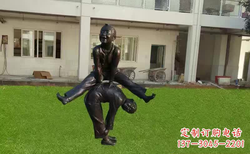 泰安卡通青少年跳马铜雕塑