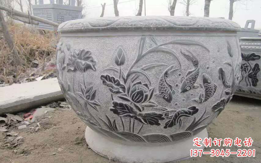 泰安仿古雕刻鲤鱼石浮雕水缸
