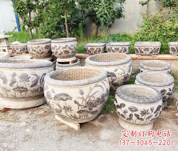 泰安仿古石雕鲤鱼浮雕水缸