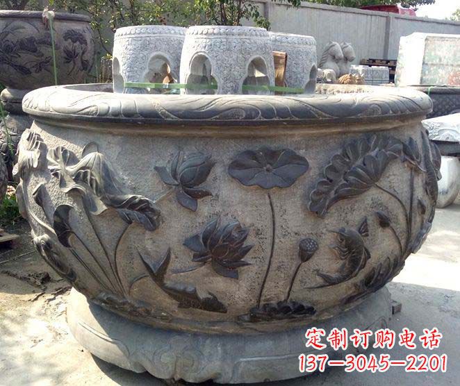 泰安精美仿古荷花鲤鱼浮雕石水缸