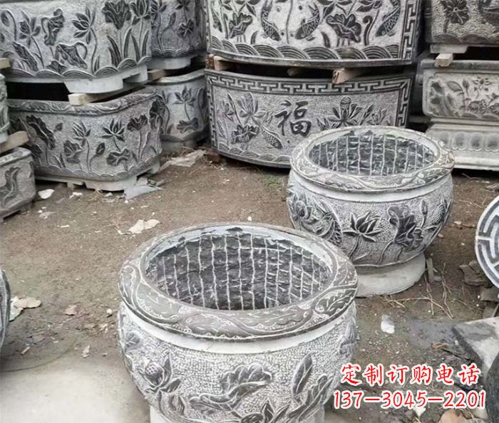 泰安仿古荷花石浮雕水缸塑像
