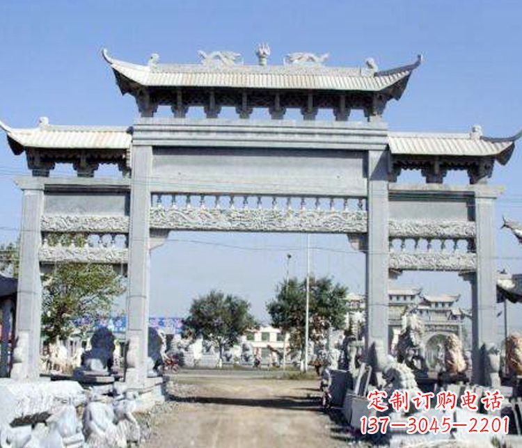 泰安仿古三门牌坊石雕 (9)