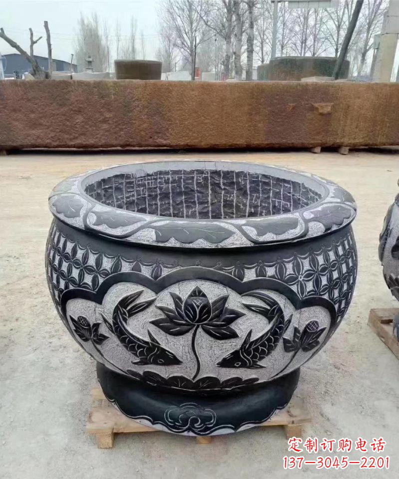 泰安仿古石雕荷花鲤鱼水缸