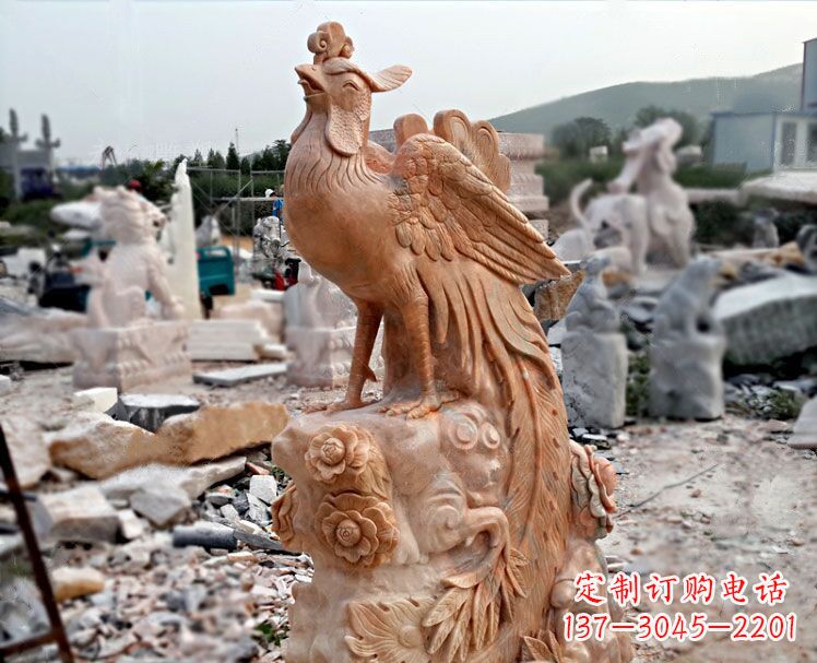 泰安凤凰牡丹晚霞红石雕神兽动物雕塑