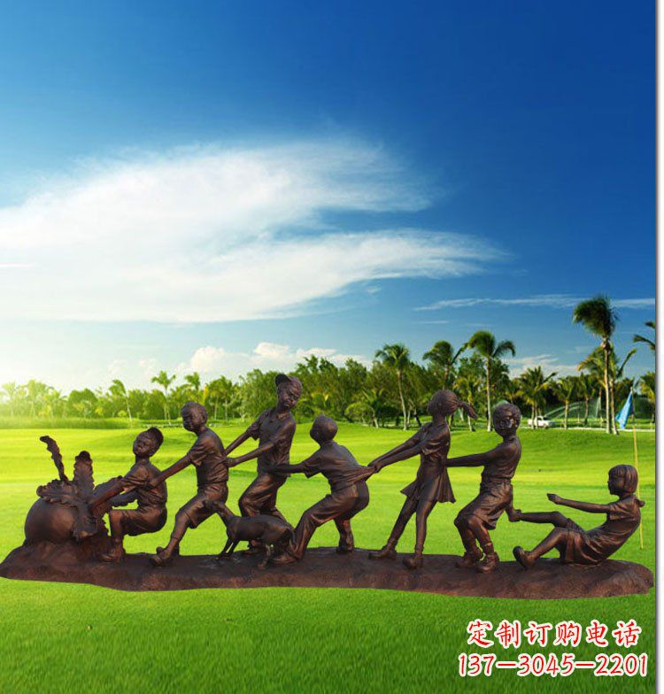泰安公园拔萝卜儿童玻璃钢仿铜雕塑