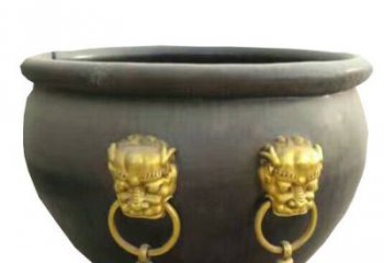 泰安传统工艺鎏金狮子头水缸铜雕塑