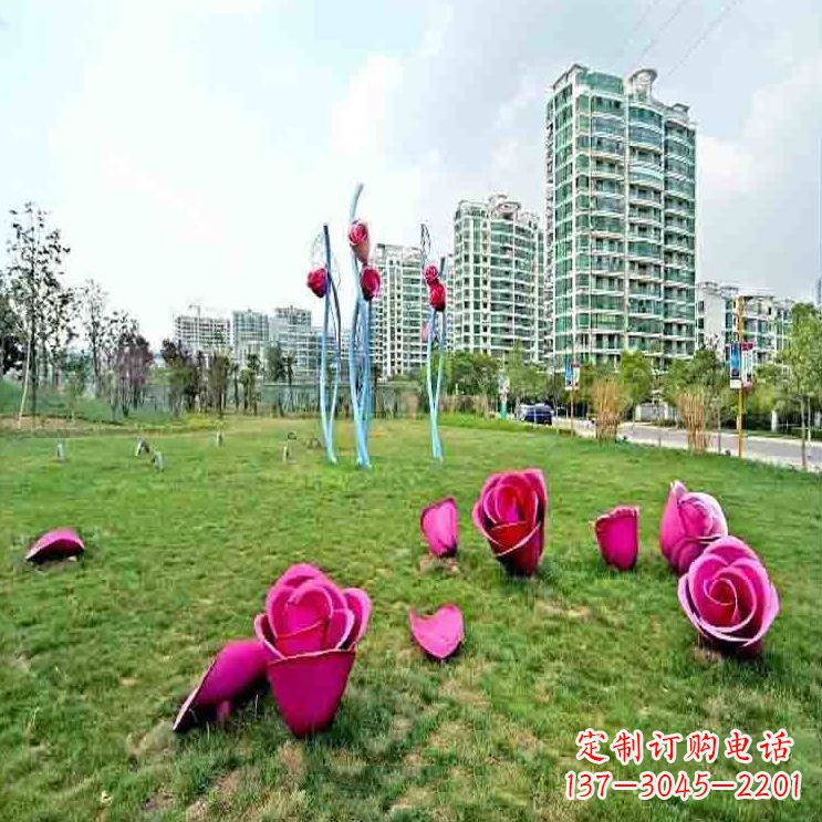泰安公园草坪不锈钢玫瑰装饰花朵雕塑