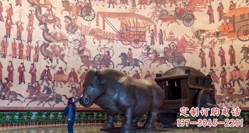 泰安传统风格铜河马拉车景观雕塑