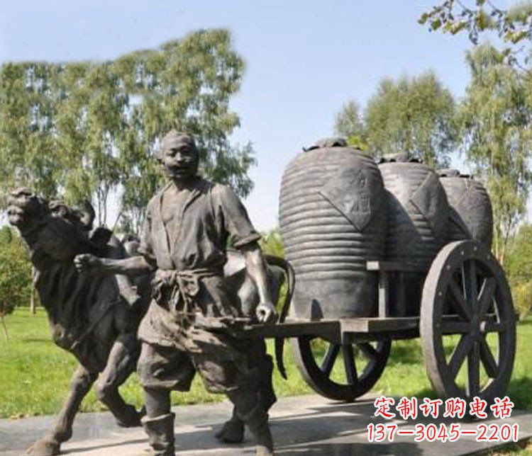 泰安公园驾着牛车拉酒缸的古代人物小品铜雕