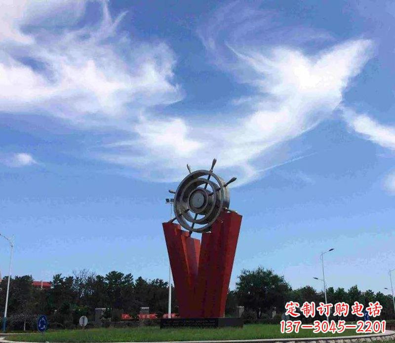 泰安海上风情,精致大气的不锈钢船舵雕塑