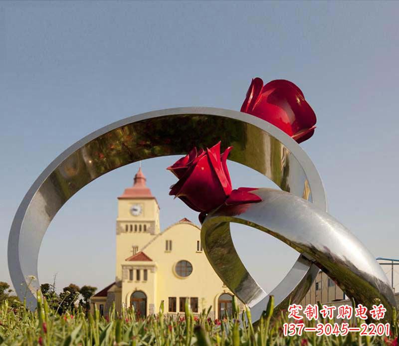 泰安广场不锈钢玫瑰戒指景观摆件雕塑