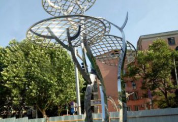 泰安广场抽象网格不锈钢树雕塑