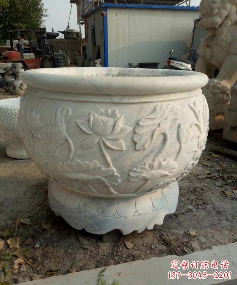 泰安汉白玉荷花石浮雕水缸,营造令人心旷神怡的宁静之美