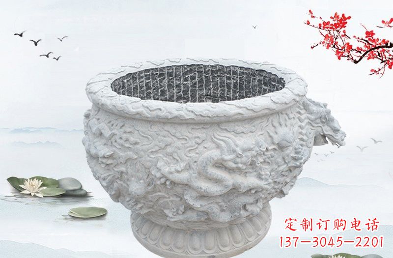 泰安汉白玉龙浮雕水缸,传承传统经典