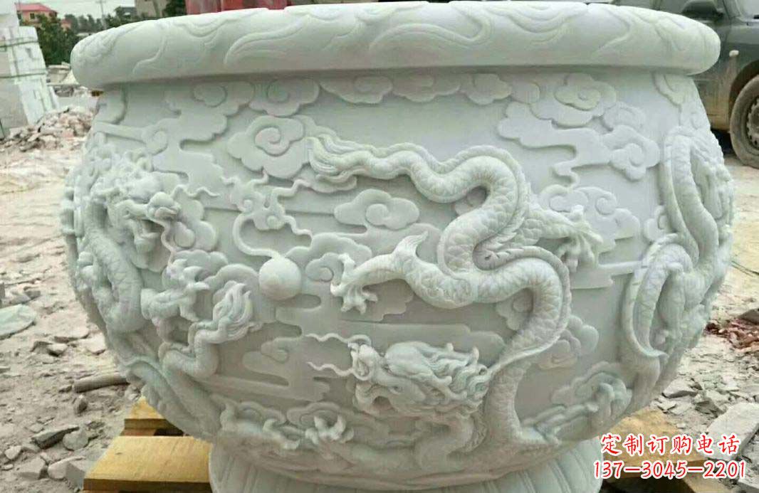 泰安汉白玉龙浮雕水缸雕塑