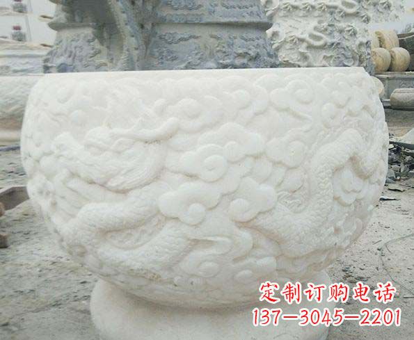 泰安汉白玉龙浮雕招财石水缸