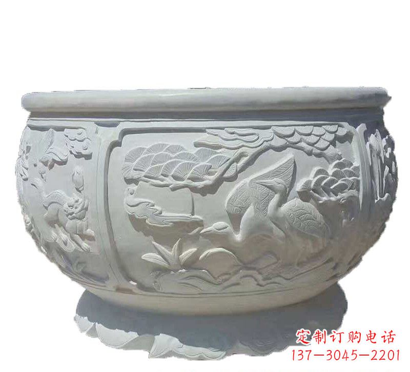 泰安汉白玉松鹤延年浮雕水缸,带给您无尽的岁月美景
