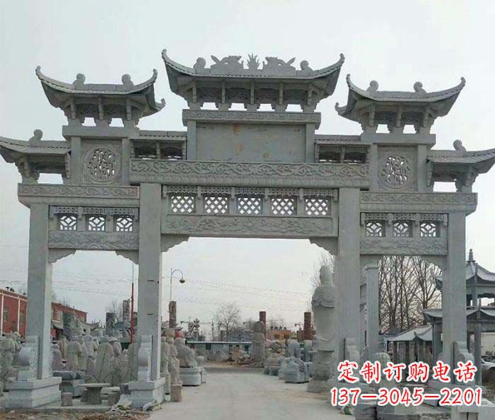 泰安三门牌坊石雕,精美汉风石雕装饰景区