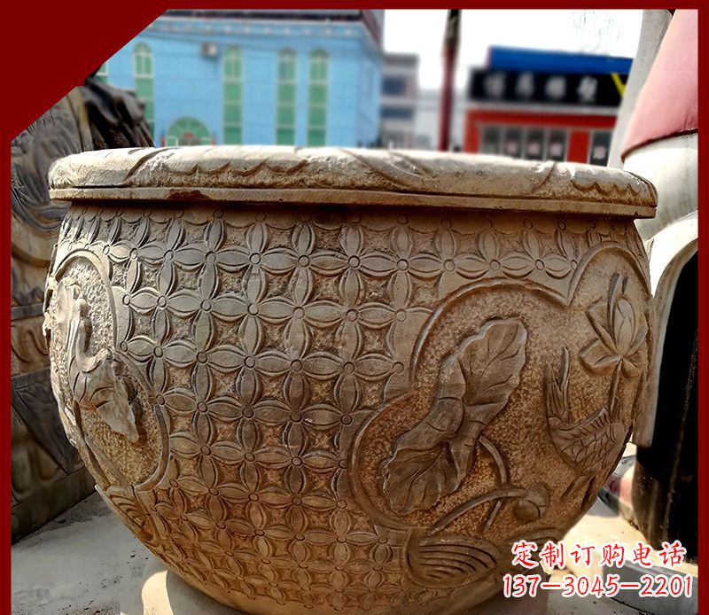 泰安鲤鱼荷花浮雕仿古石水缸
