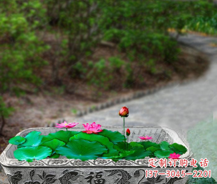 泰安鲤鱼荷花福字石浮雕长方形水缸