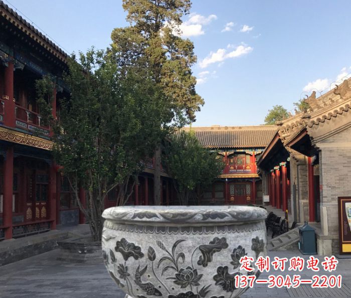 泰安连年有鱼石浮雕圆形荷花水缸