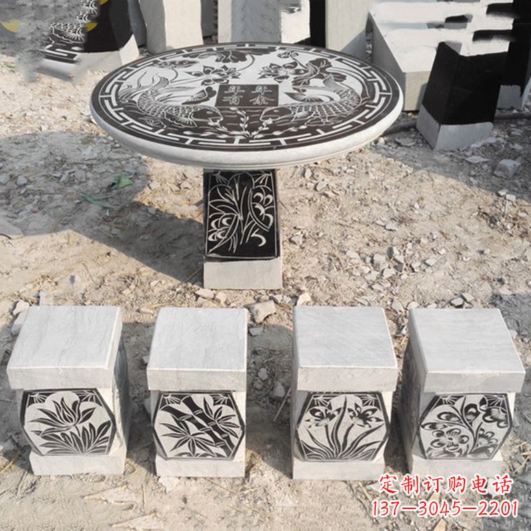 泰安梅兰竹菊仿古方石桌凳雕塑,古朴典雅