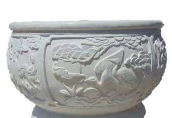 泰安汉白玉松鹤延年浮雕水缸，带给您无尽的岁月美景