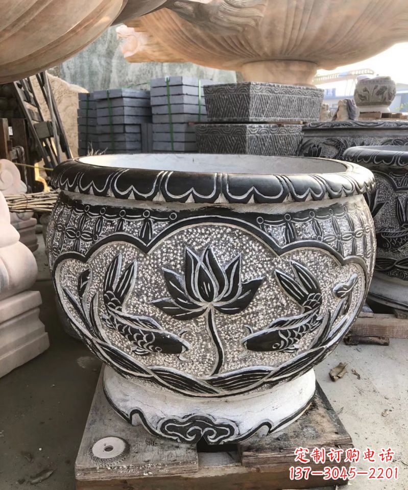 泰安青石仿古荷花水缸雕塑