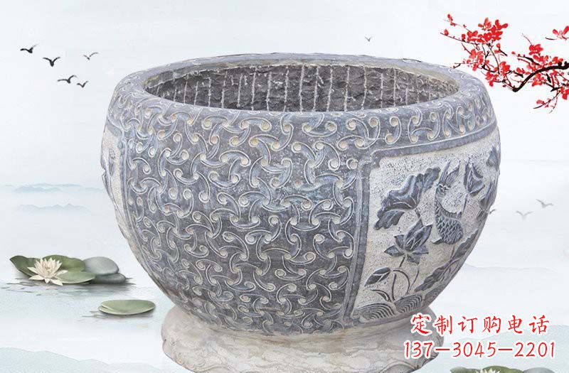 泰安青石仿古鲤鱼浮雕水缸,精致雕塑设计