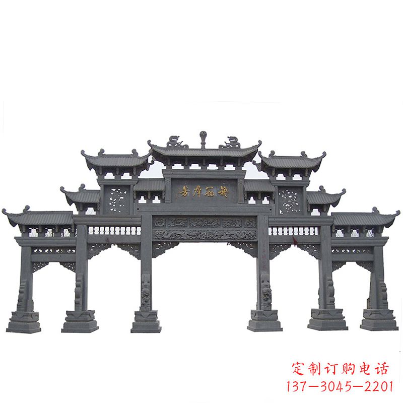 泰安青石仿古五门石雕牌楼