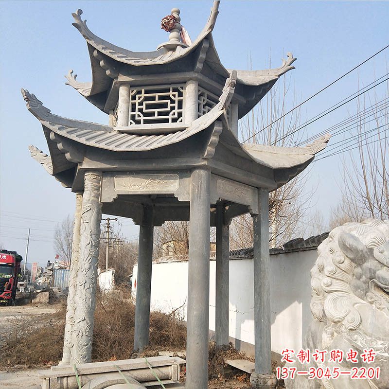 泰安典雅精美的青石六角石凉亭雕塑