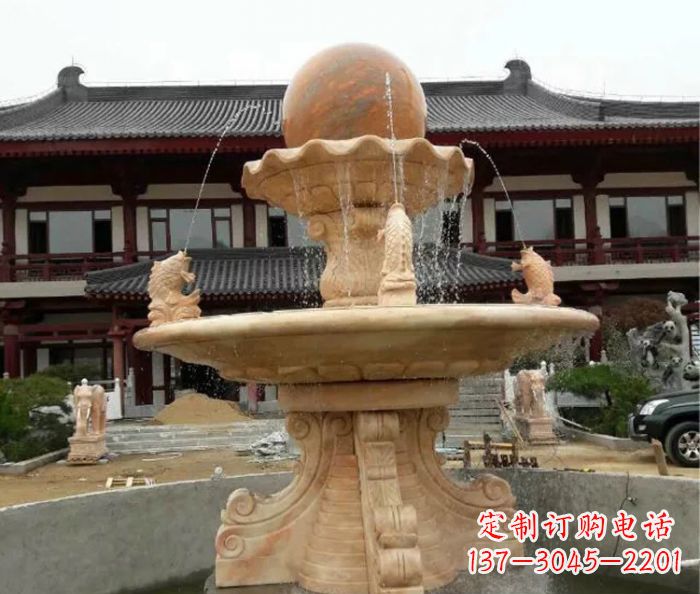 泰安双层风水球喷泉晚霞红石雕