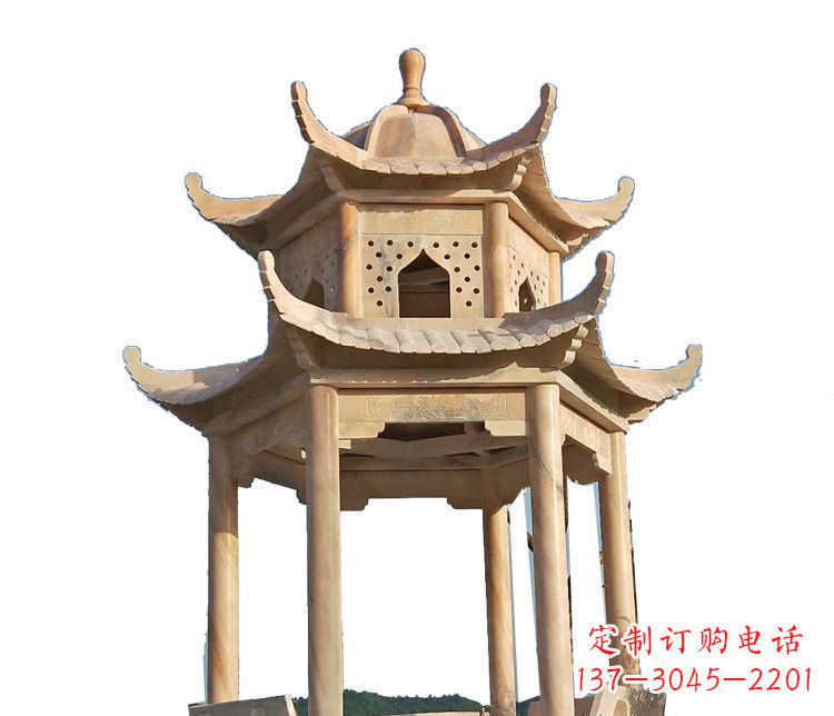 泰安双层晚霞红凉亭石雕 (2)