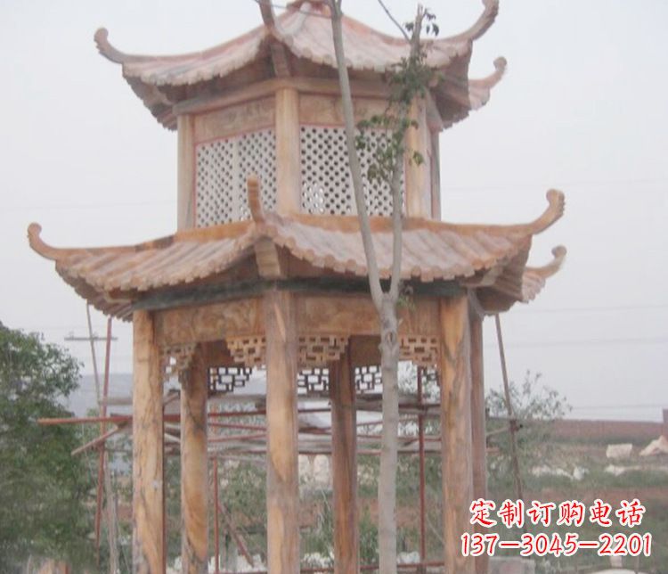 泰安双层晚霞红石凉亭石雕 (2)