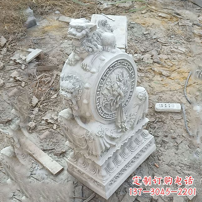 泰安双龙石雕门墩汉白玉狮子头
