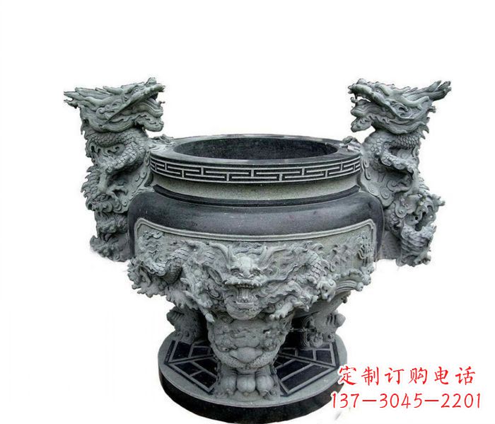泰安寺庙景观龙头水缸石雕 (2)
