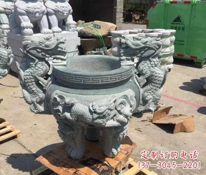 泰安寺庙景观青石龙头香炉石雕 (2)