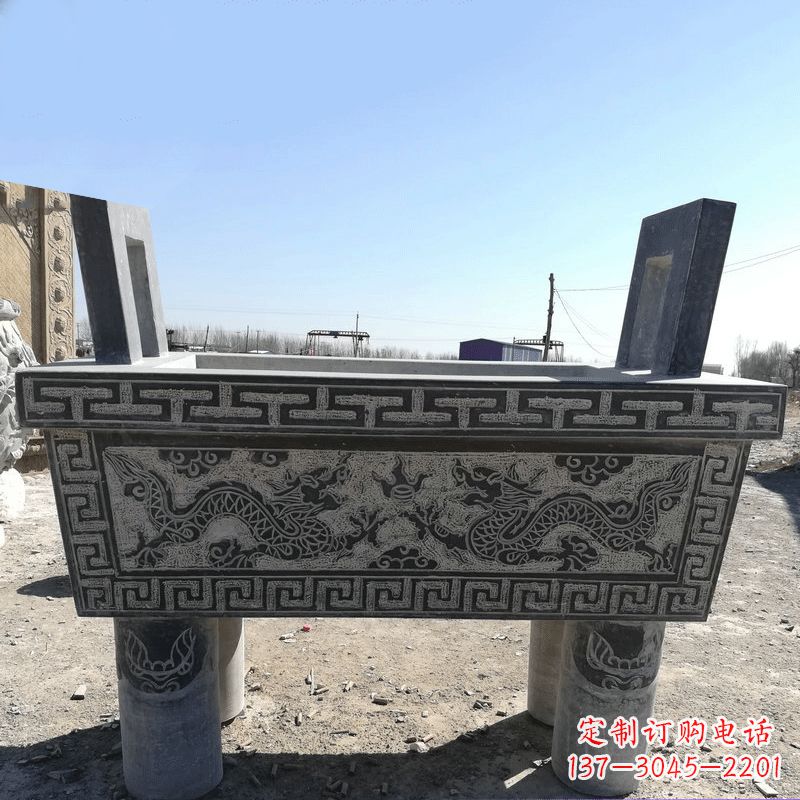 泰安寺庙墓地祭祀四足方鼎,青石仿古石雕香炉