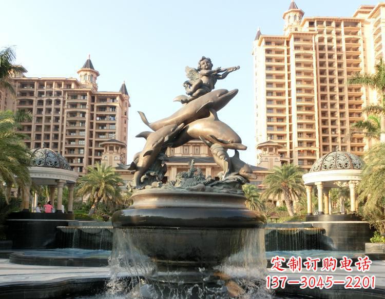 泰安跳跃的海豚和小天使喷泉铜雕