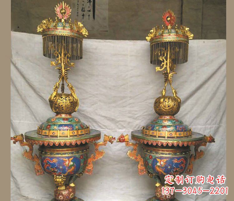 泰安铜雕彩绘香炉景观摆件