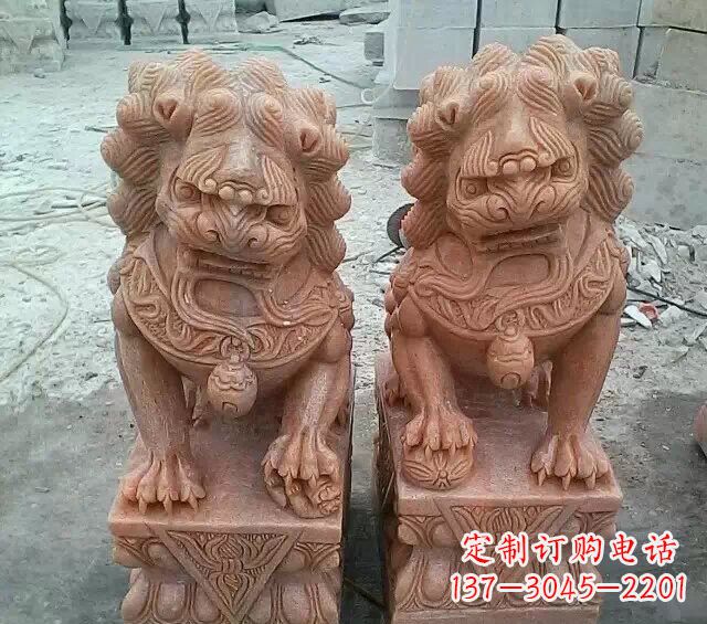 泰安晚霞红传统狮子石雕
