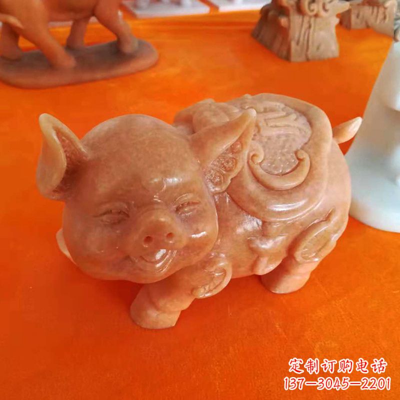 泰安晚霞红大理石招财猪雕塑-企业商场创意生肖动物风水摆件